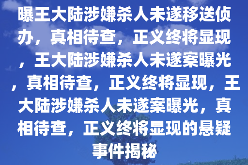 曝王大陆涉嫌杀人未遂移送侦办，真相待查，正义终将显现，王大陆涉嫌杀人未遂案曝光，真相待查，正义终将显现，王大陆涉嫌杀人未遂案曝光，真相待查，正义终将显现的悬疑事件揭秘