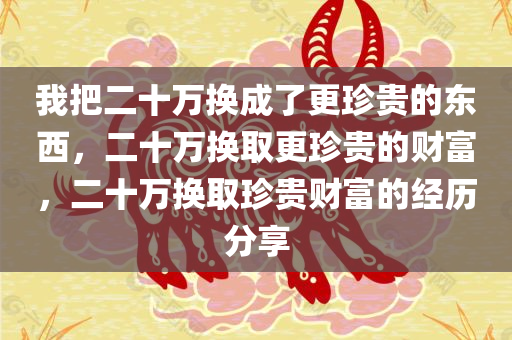 我把二十万换成了更珍贵的东西，二十万换取更珍贵的财富，二十万换取珍贵财富的经历分享