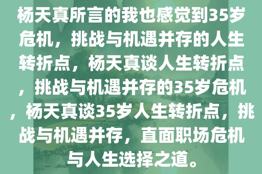 杨天真所言的我也感觉到35岁危机，挑战与机遇并存的人生转折点，杨天真谈人生转折点，挑战与机遇并存的35岁危机，杨天真谈35岁人生转折点，挑战与机遇并存，直面职场危机与人生选择之道。