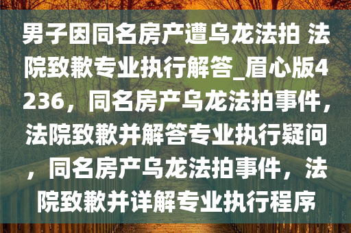 男子因同名房产遭乌龙法拍 法院致歉专业执行解答_眉心版4236，同名房产乌龙法拍事件，法院致歉并解答专业执行疑问，同名房产乌龙法拍事件，法院致歉并详解专业执行程序