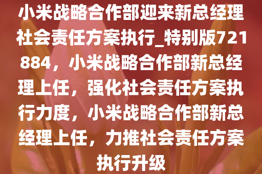 小米战略合作部迎来新总经理社会责任方案执行_特别版721884，小米战略合作部新总经理上任，强化社会责任方案执行力度，小米战略合作部新总经理上任，力推社会责任方案执行升级