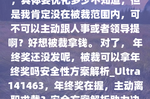 本就不打算干了，打算年后离职，刚好目前公司有调整计划，具体要优化多少不知道，但是我肯定没在被裁范围内，可不可以主动跟人事或者领导提啊？好想被裁拿钱。 对了， 年终奖还没发呢，被裁可以拿年终奖吗安全性方案解析_Ultra141463，年终奖在握，主动离职求裁？安全方案解析助力决策，年终奖在握，主动离职求裁的决策安全解析