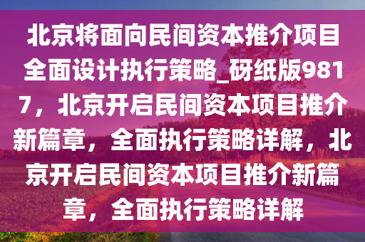 北京将面向民间资本推介项目全面设计执行策略_砑纸版9817，北京开启民间资本项目推介新篇章，全面执行策略详解，北京开启民间资本项目推介新篇章，全面执行策略详解