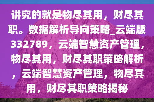 讲究的就是物尽其用，财尽其职。数据解析导向策略_云端版332789，云端智慧资产管理，物尽其用，财尽其职策略解析，云端智慧资产管理，物尽其用，财尽其职策略揭秘