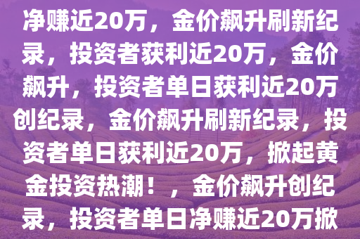 金价飙涨再创新高，有人因此净赚近20万，金价飙升刷新纪录，投资者获利近20万，金价飙升，投资者单日获利近20万创纪录，金价飙升刷新纪录，投资者单日获利近20万，掀起黄金投资热潮！，金价飙升创纪录，投资者单日净赚近20万掀投资热潮