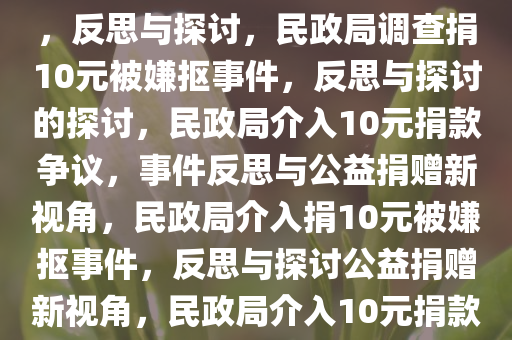 民政局调查捐10元被嫌抠事件，反思与探讨，民政局调查捐10元被嫌抠事件，反思与探讨的探讨，民政局介入10元捐款争议，事件反思与公益捐赠新视角，民政局介入捐10元被嫌抠事件，反思与探讨公益捐赠新视角，民政局介入10元捐款争议，反思公益捐赠新视角