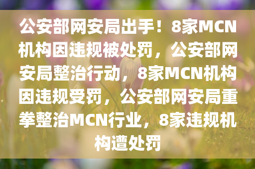 公安部网安局出手！8家MCN机构因违规被处罚，公安部网安局整治行动，8家MCN机构因违规受罚，公安部网安局重拳整治MCN行业，8家违规机构遭处罚