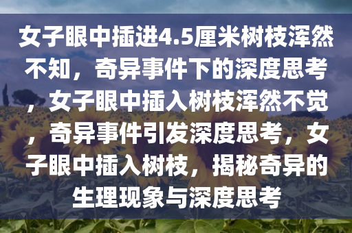 女子眼中插进4.5厘米树枝浑然不知，奇异事件下的深度思考，女子眼中插入树枝浑然不觉，奇异事件引发深度思考，女子眼中插入树枝，揭秘奇异的生理现象与深度思考