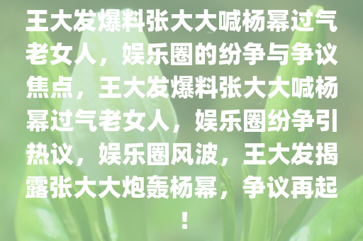 王大发爆料张大大喊杨幂过气老女人，娱乐圈的纷争与争议焦点，王大发爆料张大大喊杨幂过气老女人，娱乐圈纷争引热议，娱乐圈风波，王大发揭露张大大炮轰杨幂，争议再起！