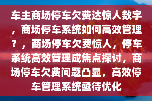 车主商场停车欠费达惊人数字，商场停车系统如何高效管理？，商场停车欠费惊人，停车系统高效管理成焦点探讨，商场停车欠费问题凸显，高效停车管理系统亟待优化