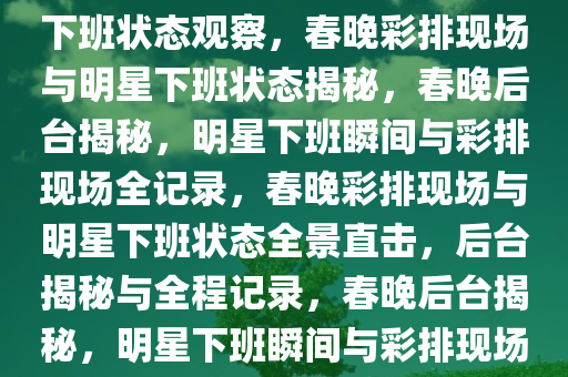 春晚彩排现场直击，明星们的下班状态观察，春晚彩排现场与明星下班状态揭秘，春晚后台揭秘，明星下班瞬间与彩排现场全记录，春晚彩排现场与明星下班状态全景直击，后台揭秘与全程记录，春晚后台揭秘，明星下班瞬间与彩排现场全景直击