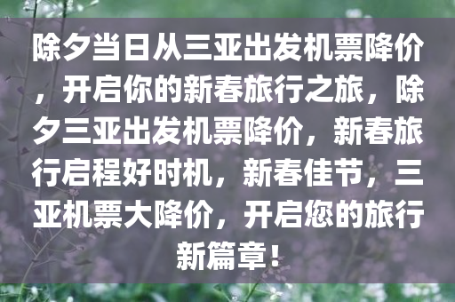 除夕当日从三亚出发机票降价，开启你的新春旅行之旅，除夕三亚出发机票降价，新春旅行启程好时机，新春佳节，三亚机票大降价，开启您的旅行新篇章！