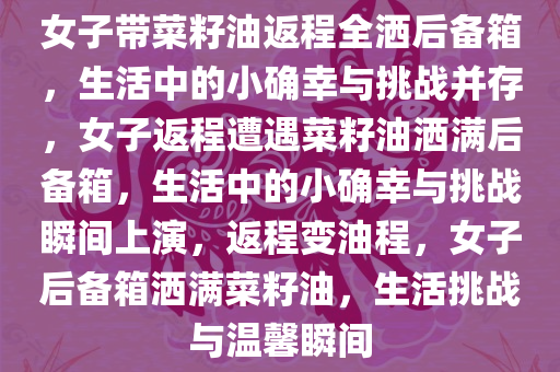 女子带菜籽油返程全洒后备箱，生活中的小确幸与挑战并存，女子返程遭遇菜籽油洒满后备箱，生活中的小确幸与挑战瞬间上演，返程变油程，女子后备箱洒满菜籽油，生活挑战与温馨瞬间