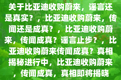 关于比亚迪收购蔚来，谣言还是真实？，比亚迪收购蔚来，传闻还是成真？，比亚迪收购蔚来，传闻成真？谣言止步？，比亚迪收购蔚来传闻成真？真相揭秘进行中，比亚迪收购蔚来，传闻成真，真相即将揭晓