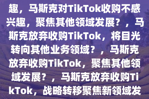 马斯克，对收购TikTok不感兴趣，马斯克对TikTok收购不感兴趣，聚焦其他领域发展？，马斯克放弃收购TikTok，将目光转向其他业务领域？，马斯克放弃收购TikTok，聚焦其他领域发展？，马斯克放弃收购TikTok，战略转移聚焦新领域发展