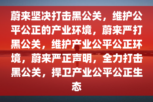 蔚来坚决打击黑公关，维护公平公正的产业环境，蔚来严打黑公关，维护产业公平公正环境，蔚来严正声明，全力打击黑公关，捍卫产业公平公正生态