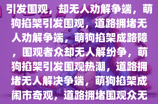 小狗掐架导致堵车，萌态可掬引发围观，却无人劝解争端，萌狗掐架引发围观，道路拥堵无人劝解争端，萌狗掐架成路障，围观者众却无人解纷争，萌狗掐架引发围观热潮，道路拥堵无人解决争端，萌狗掐架成闹市奇观，道路拥堵围观众无人解纷