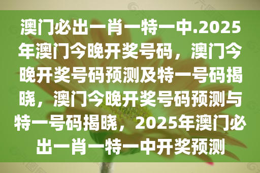 澳门必出一肖一特一中.2025年澳门今晚开奖号码，澳门今晚开奖号码预测及特一号码揭晓，澳门今晚开奖号码预测与特一号码揭晓，2025年澳门必出一肖一特一中开奖预测