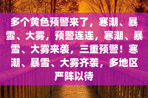 多个黄色预警来了，寒潮、暴雪、大雾，预警连连，寒潮、暴雪、大雾来袭，三重预警！寒潮、暴雪、大雾齐袭，多地区严阵以待