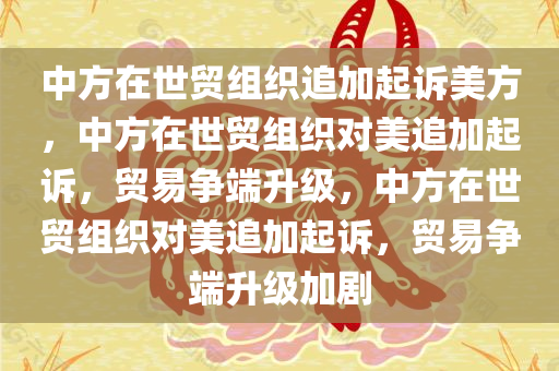 中方在世贸组织追加起诉美方，中方在世贸组织对美追加起诉，贸易争端升级，中方在世贸组织对美追加起诉，贸易争端升级加剧