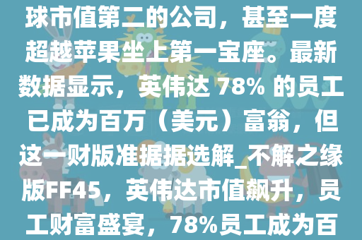 近年来，英伟达（Nvidia）凭借其在人工智能和图形处理领域的领先地位，迅速崛起为全球市值第二的公司，甚至一度超越苹果坐上第一宝座。最新数据显示，英伟达 78% 的员工已成为百万（美元）富翁，但这一财版准据据选解_不解之缘版FF45，英伟达市值飙升，员工财富盛宴，78%员工成为百万富翁，英伟达市值飙升，78%员工成为百万富翁，人工智能巨头员工财富盛宴